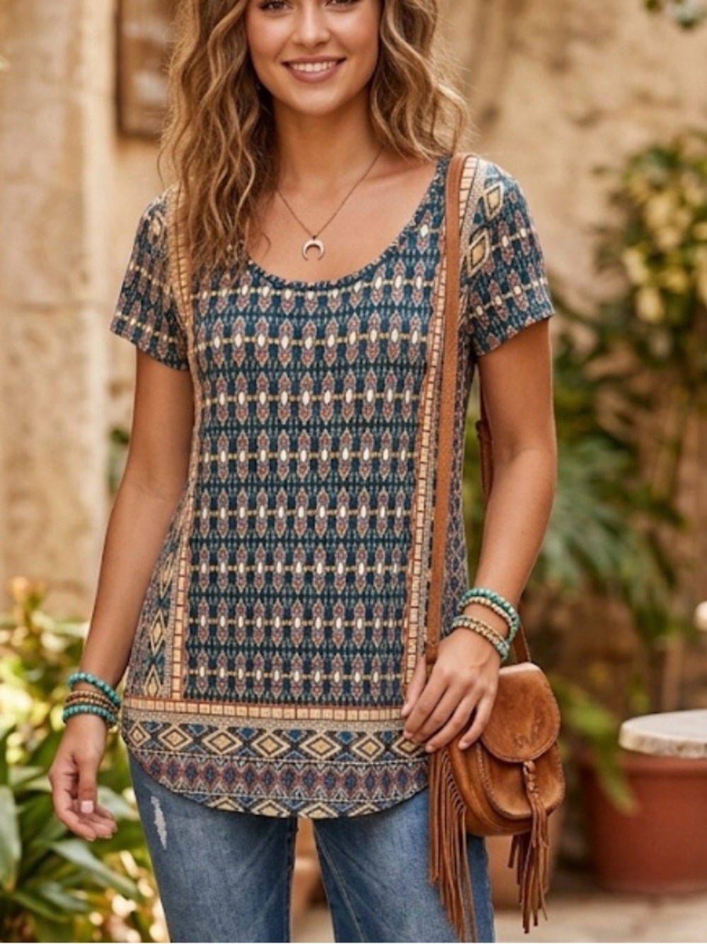 LUCKY BRAND Med Boho Tribal Lightweight Panel Print Short Sleeve Top - Picture 1 of 10